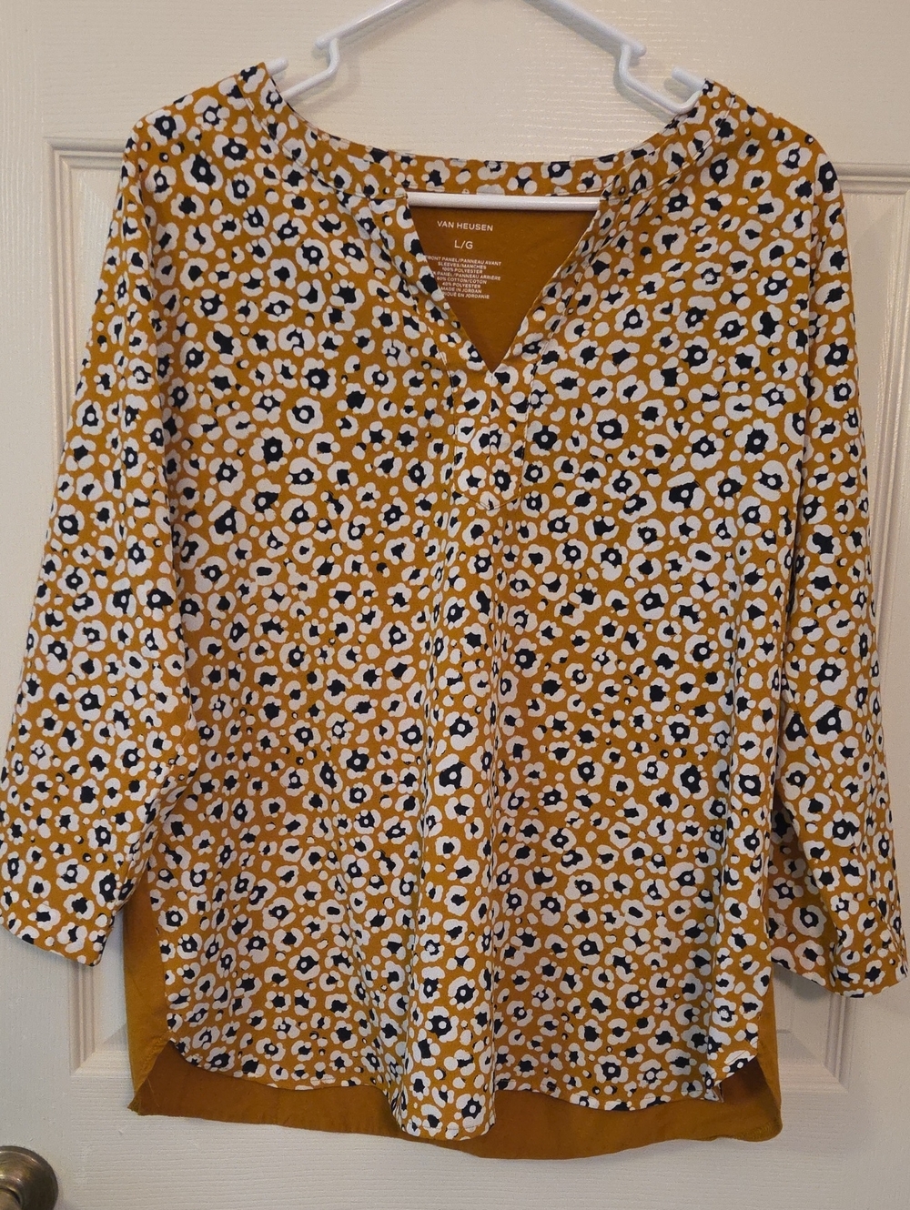 Van Heusen Mustard Yellow Brown Floral V-Neck Top Size Large